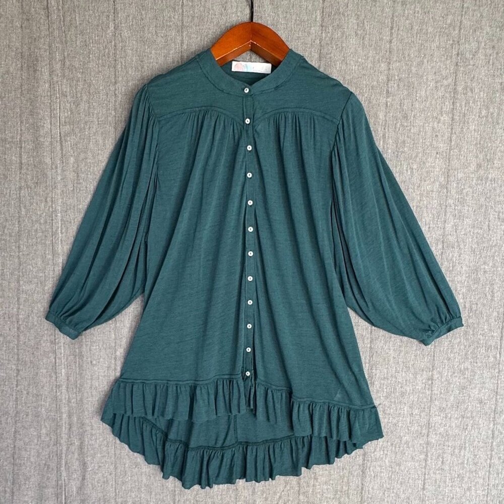 FP Beach Free People 3/4 Ballon Sleeve Ruffle Hem Loose Fit Tunic Blouse Size XS